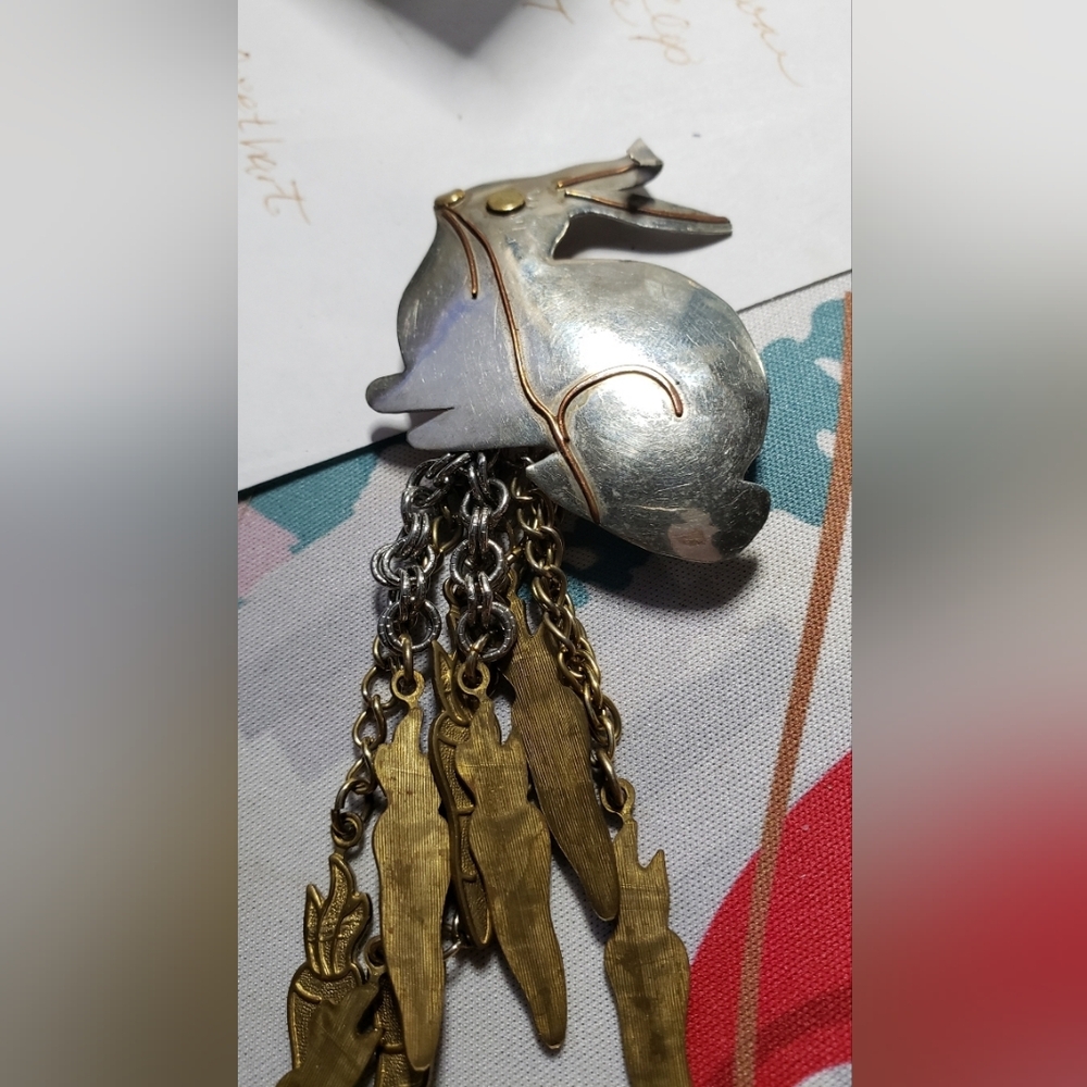 Silver and Gold Pendant with Carrots On  Chain Tassels Pin brooch